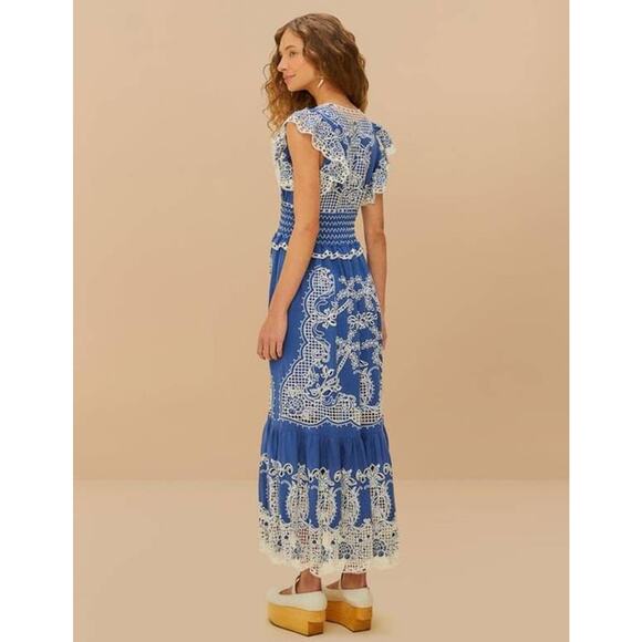 Farm Rio Romantic Richelieu Maxi Dress in Blue XS - Picture 3 of 4